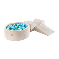 Set in schiuma estetica Meowbaby 3 elementi con piscina di palline 90x30 cm 200 palline in velluto a coste certificato ecru: