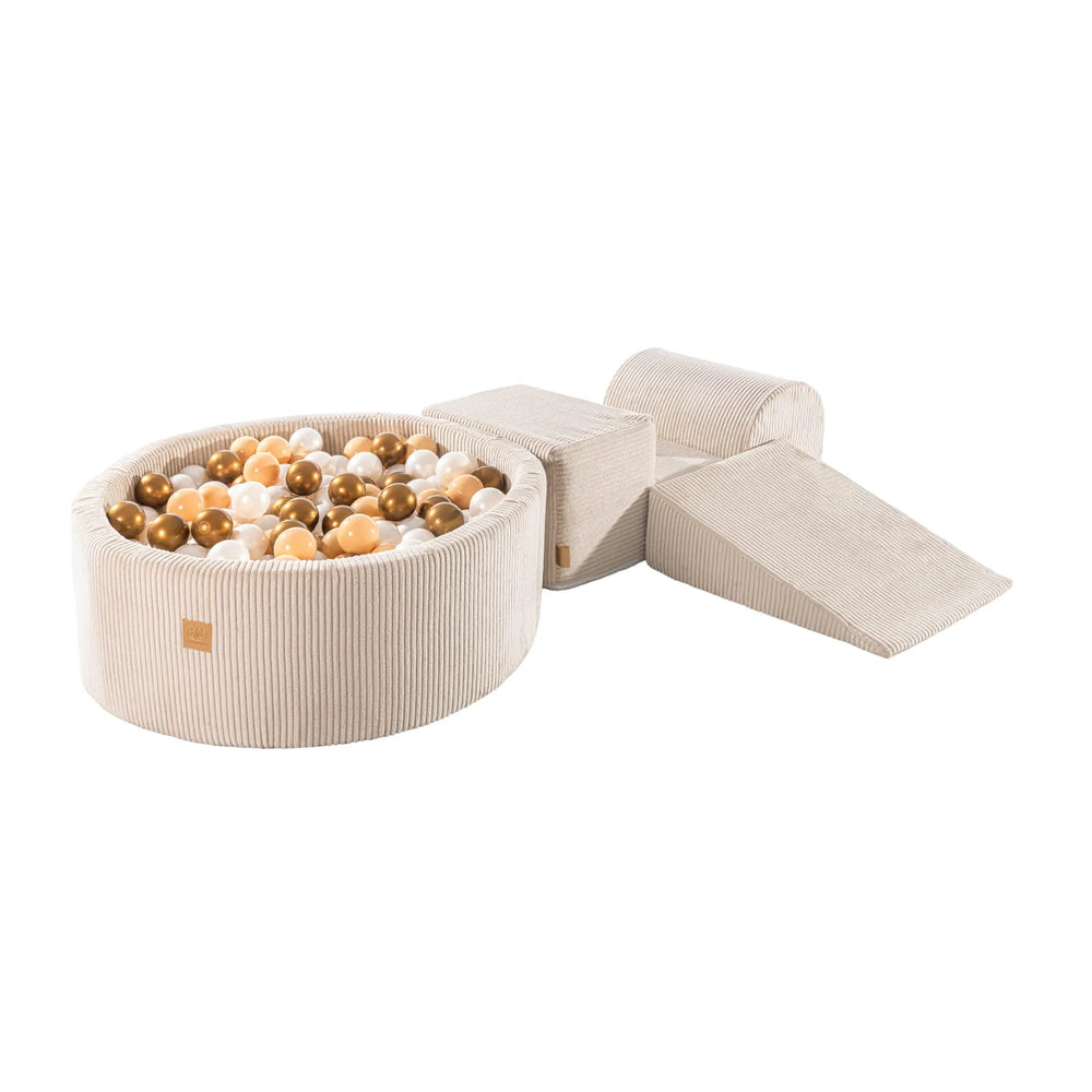 Set in schiuma estetica Meowbaby 3 elementi con piscina di palline 90x30 cm 200 palline in velluto a coste certificato ecru: