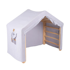 Meowbaby Scala Arrampicata Grande Casa 112x61x94 Cm Triangolo Interno con Tenda. Lino Legno Viscosa Grigio e Blu Naturale