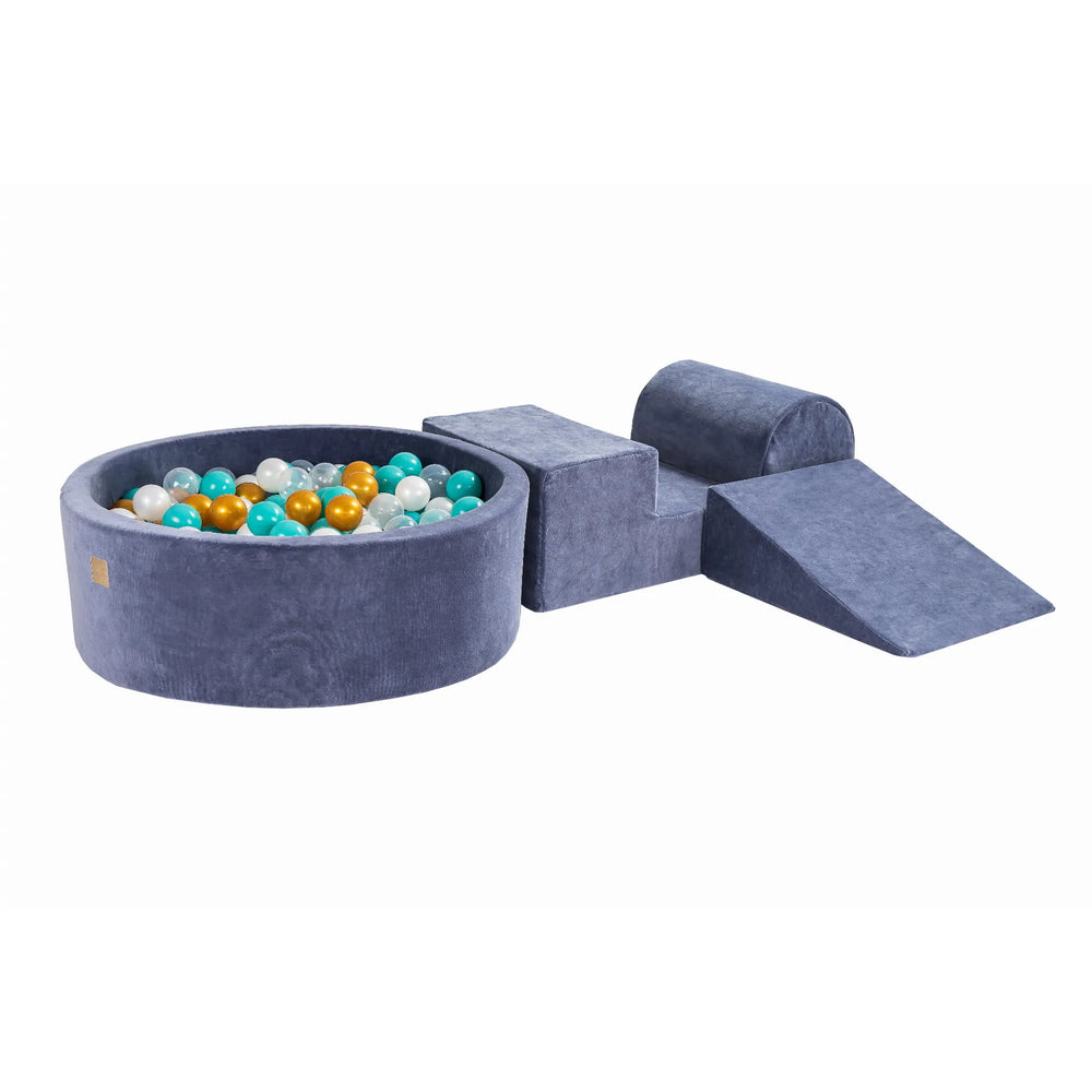 Meowbaby Set da gioco in schiuma 3 pezzi con piscina di palline 90x30 cm 200 palline in velluto certificato blu-grigio: