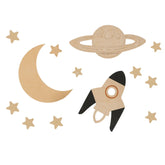 Space - Wooden Wall Decoration - Moon + Saturn + Rocket + 10 Stars - Wall - Cut It Now