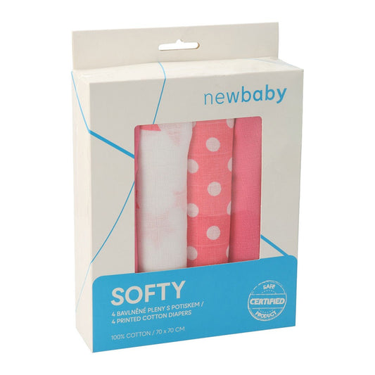 Látkové bavlnené plienky New Baby Softy s potiskom 70 x 70 cm 4 ks ružovo-biele - Plienky - NEW BABY - KiiDS.SHOP