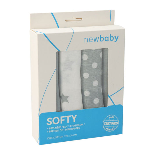 Látkové bavlnené plienky New Baby Softy s potiskom 70 x 70 cm 4 ks šedo-biele - Plienky - NEW BABY - KiiDS.SHOP
