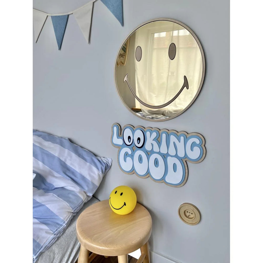 Emoji Zrkadlo - Detské Bezpečnostné Akrylové a Drevené - 40cmx40cm - Nástenná Dekorácia - Cut It Now