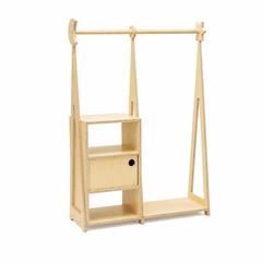 Natural wood Montessori wardrobe with clothing rack and storage for kids' clothes