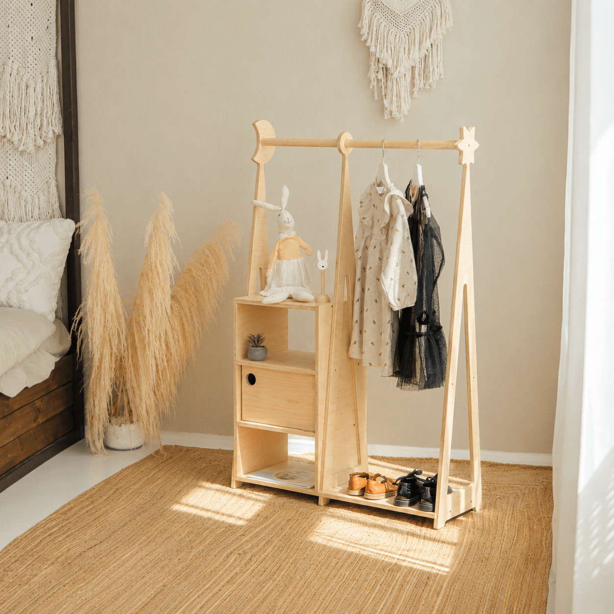 Natural Montessori wardrobe with open clothing rack for toddlers