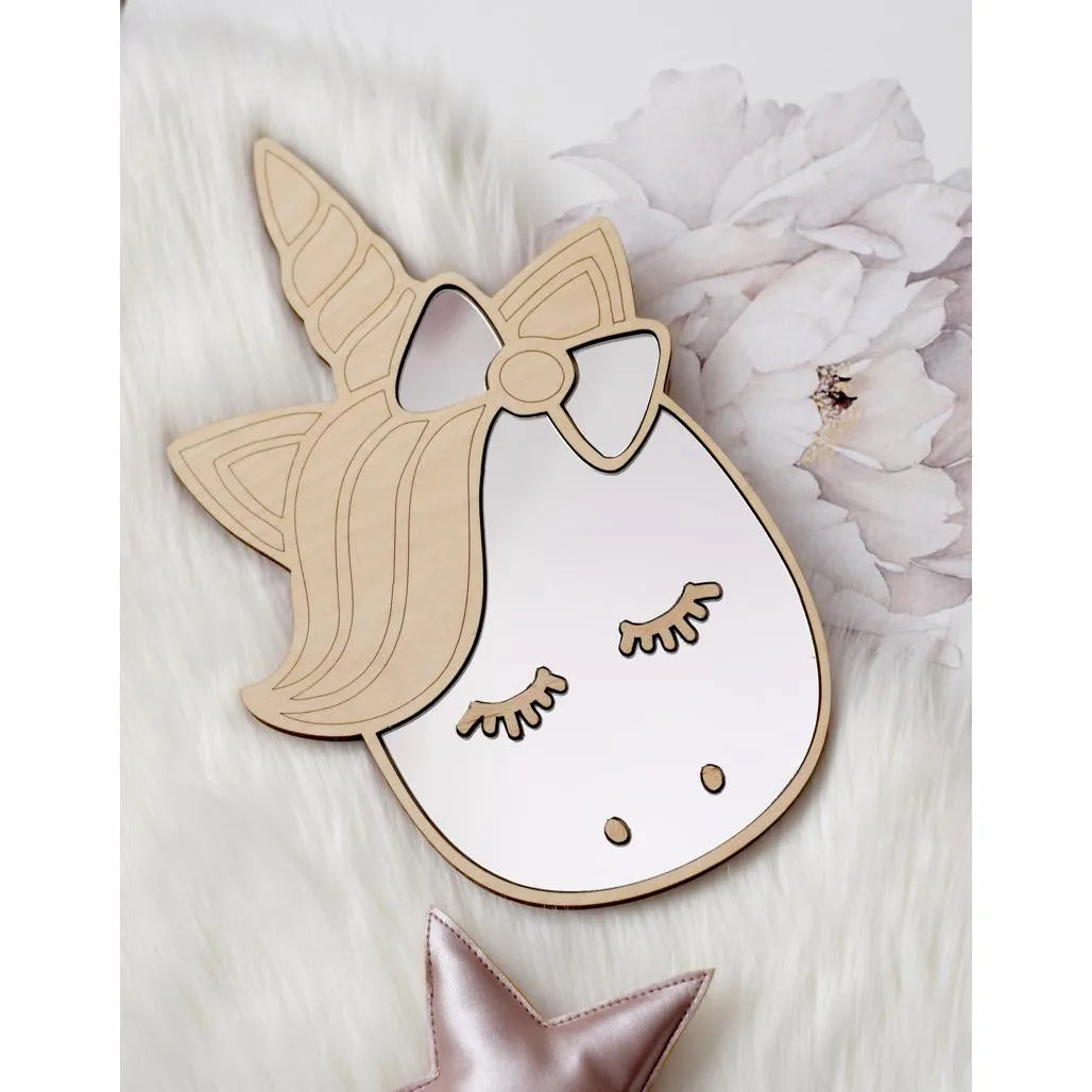 Unicorn Mirror - Child Safety Acrylic and Wooden - 30cmx19cm - Wall Decoration - Cut It Now