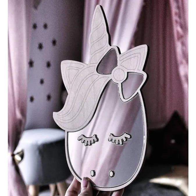 Unicorn Mirror - Child Safety Acrylic and Wooden - 30cmx19cm - Wall Decoration - Cut It Now