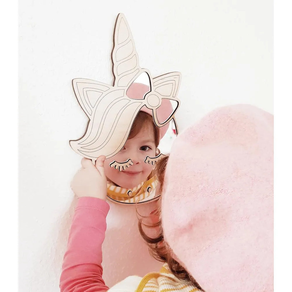 Unicorn Mirror - Child Safety Acrylic and Wooden - 30cmx19cm - Wall Decoration - Cut It Now