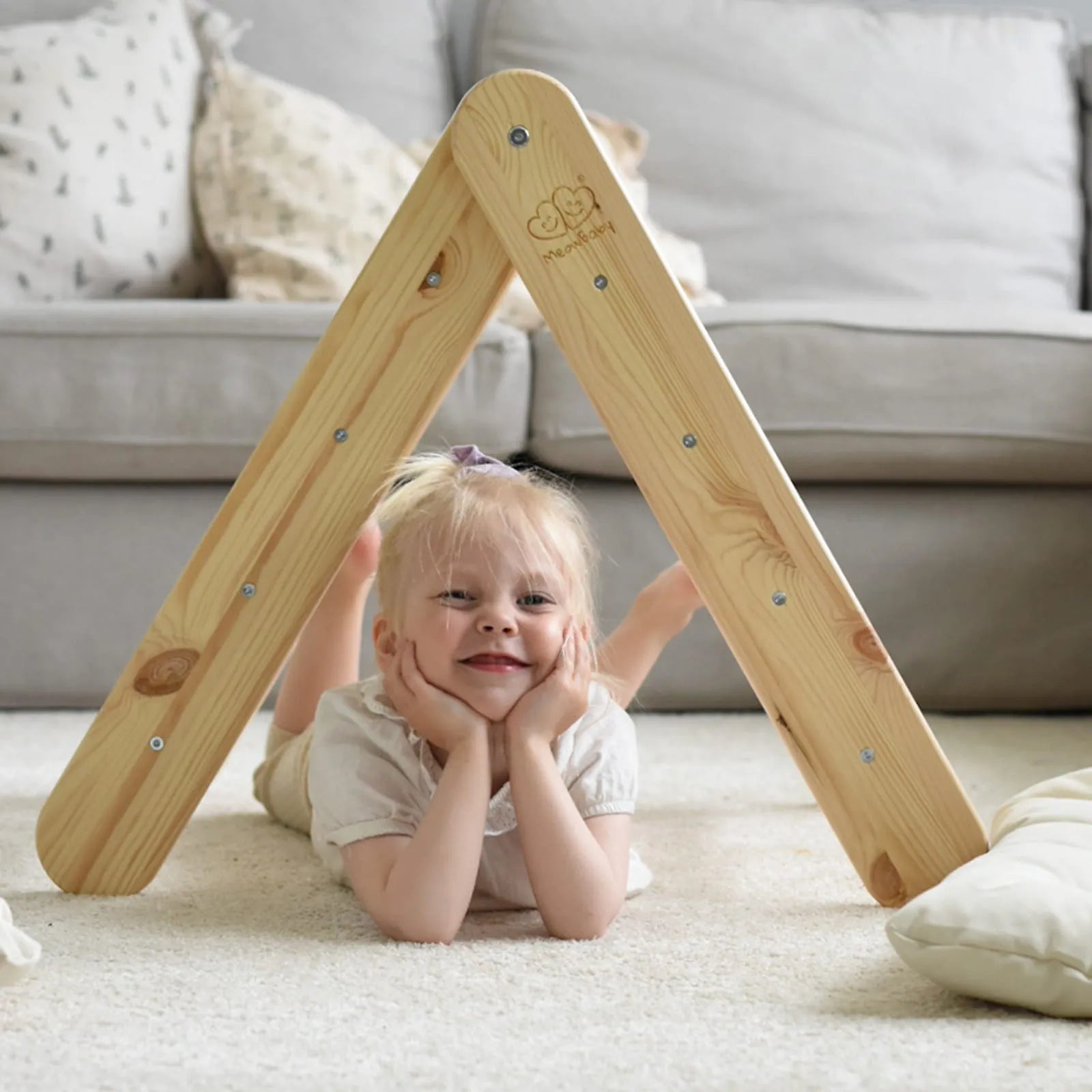 Meowbaby Scaletta 60x61cm Scivolo-Parete da Arrampicata 2 in 1 Set per Bambini in Legno Naturale - Pikler Triangle