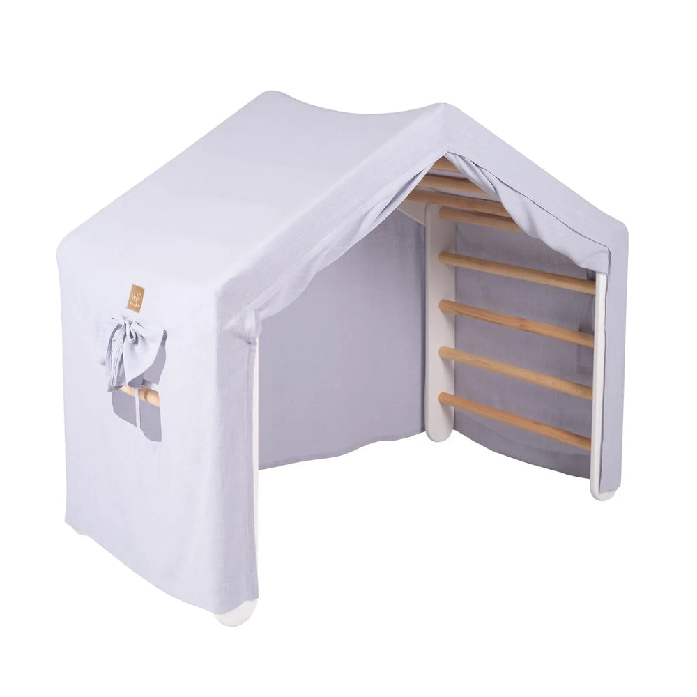 Meowbaby Casa Grande con Scala di Arrampicata 112x61x94 Cm Triangolo Interno con Tenda. Legno di Lino Viscosa Grigio e Blu
