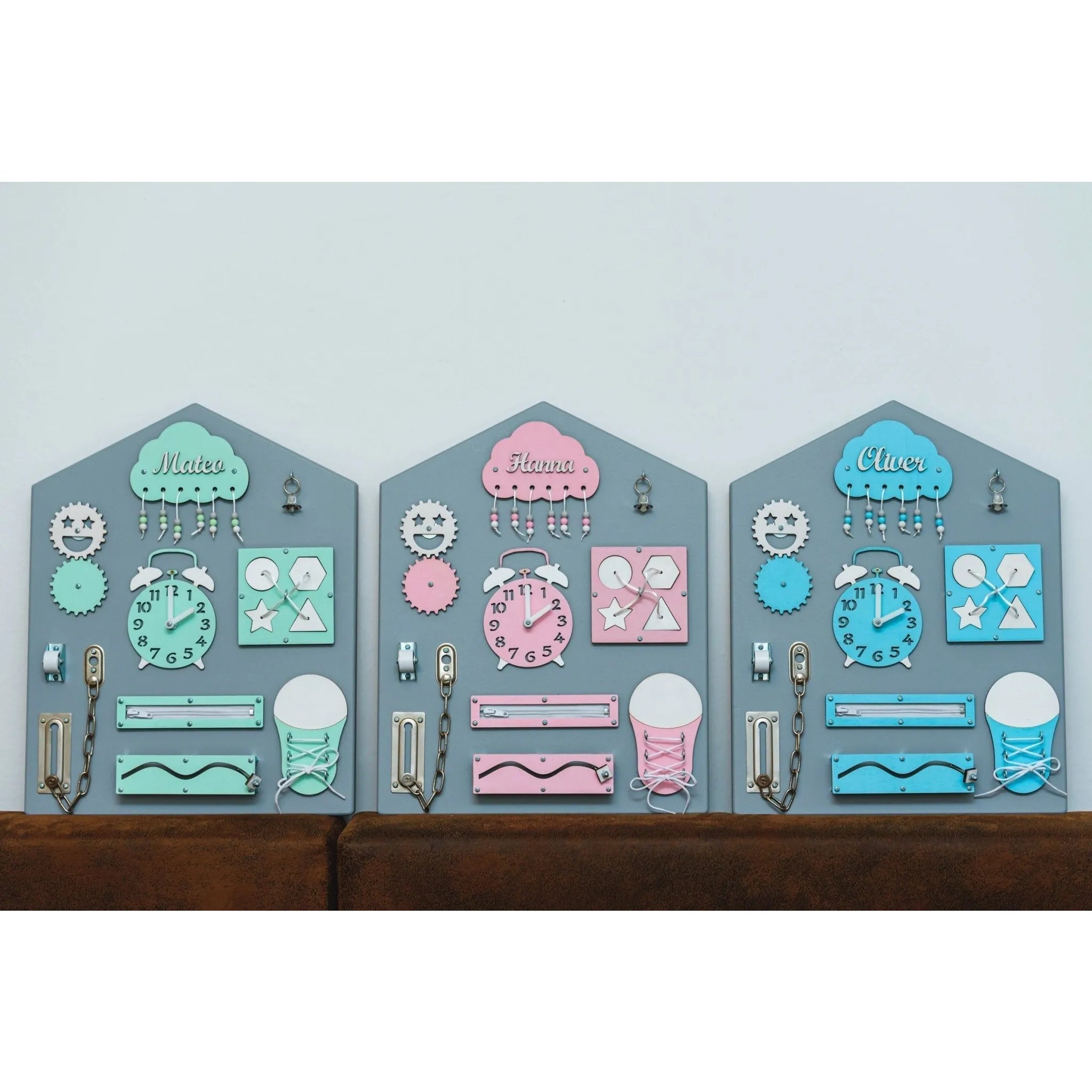 Montessori Holzbretthaus - Blau Rosa Grün - Unlimitedkids