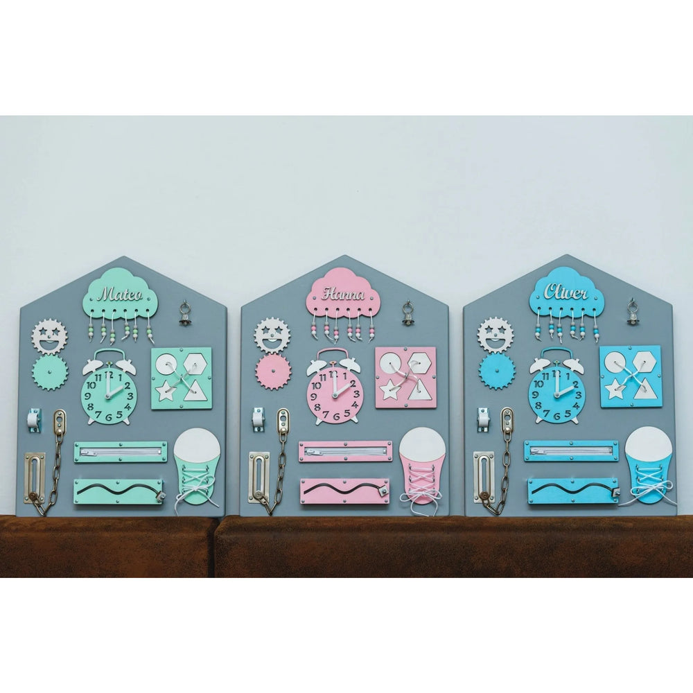 Montessori Holzbretthaus - Blau Rosa Grün - Unlimitedkids