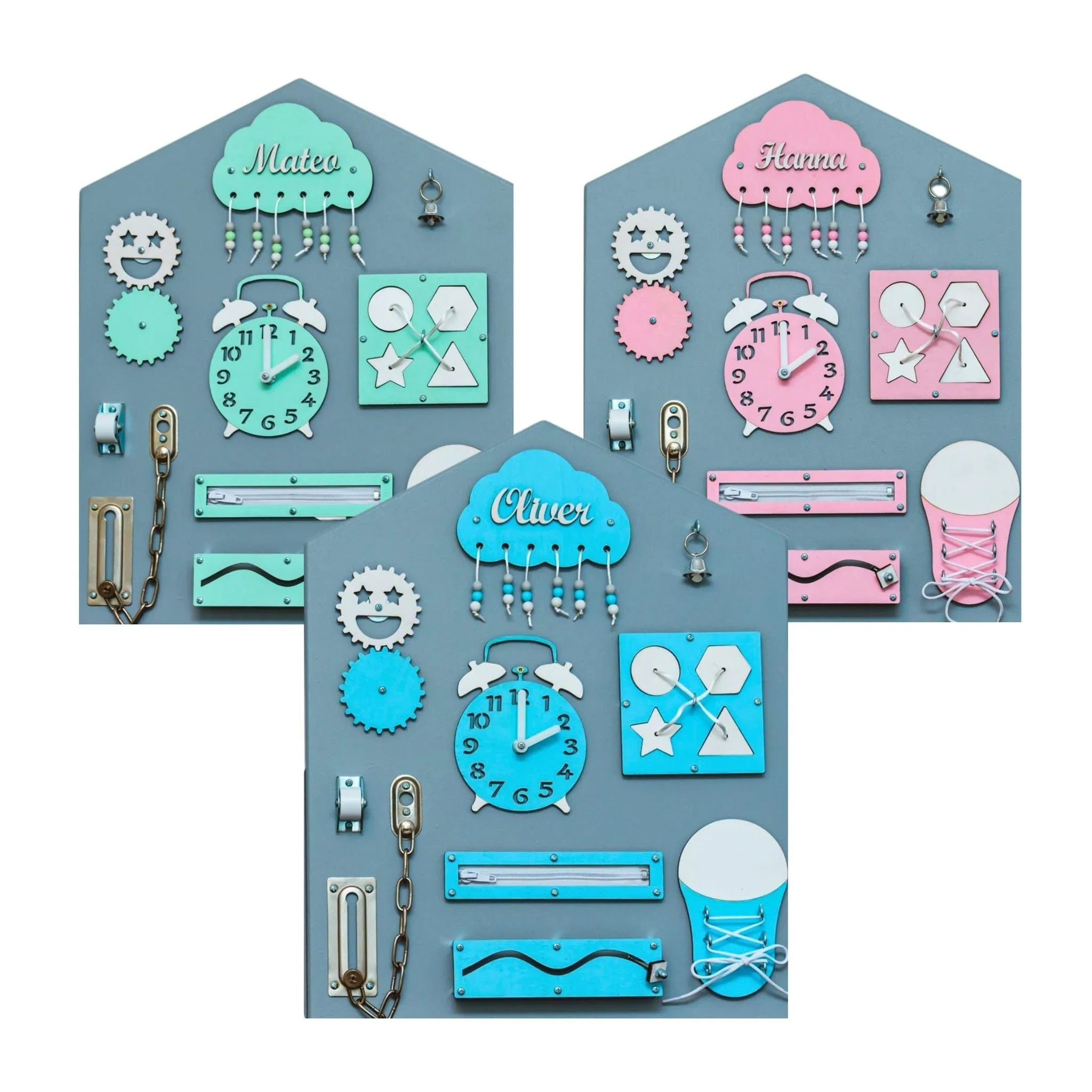 Montessori Holzbretthaus - Blau Rosa Grün - Unlimitedkids