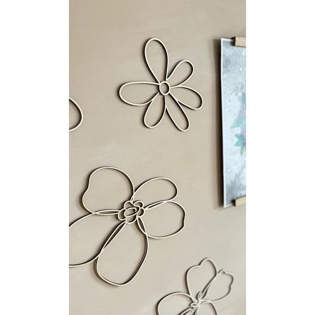 Set of 6 Wooden Flowers - One Line Style Wall Decoration Version 1 - Wall Mounted - Cut It Now