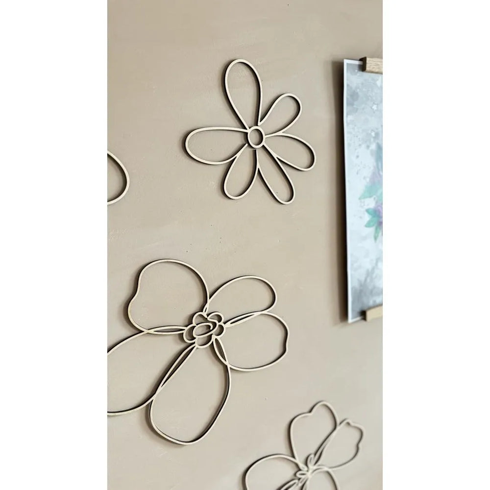 Set of 6 Wooden Flowers - One Line Style Wall Decoration Version 1 - Wall Mounted - Cut It Now
