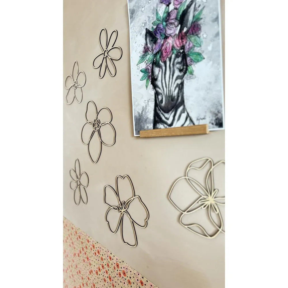 Set of 6 Wooden Flowers - One Line Style Wall Decoration Version 1 - Wall Mounted - Cut It Now