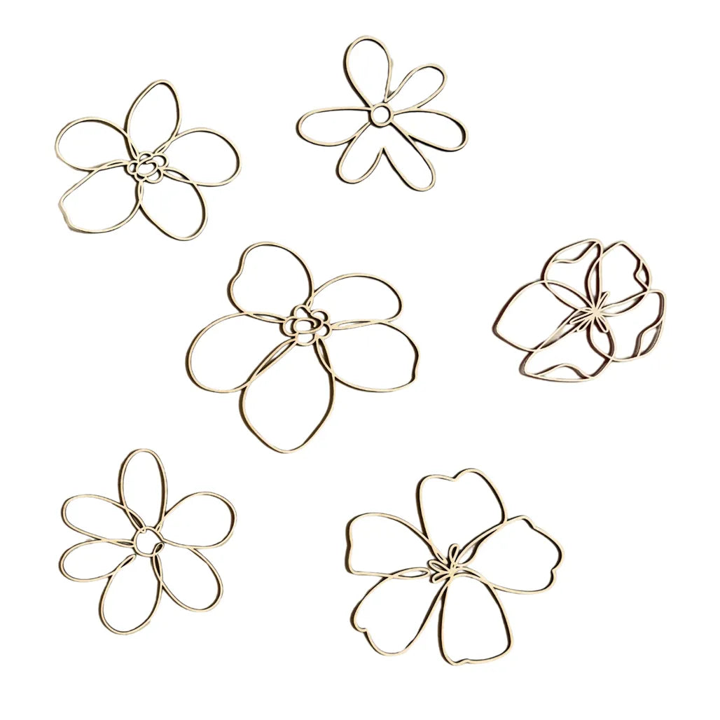 Set of 6 Wooden Flowers - One Line Style Wall Decoration Version 1 - Wall Mounted - Cut It Now