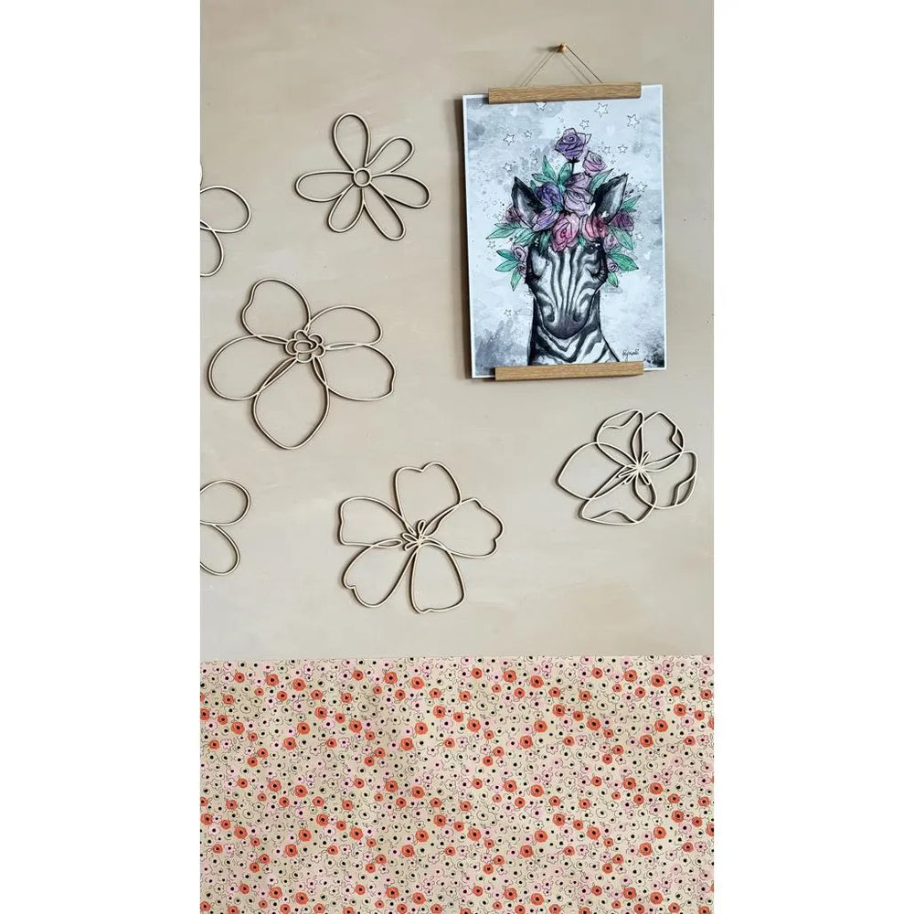 Set of 6 Wooden Flowers - One Line Style Wall Decoration Version 1 - Wall Mounted - Cut It Now
