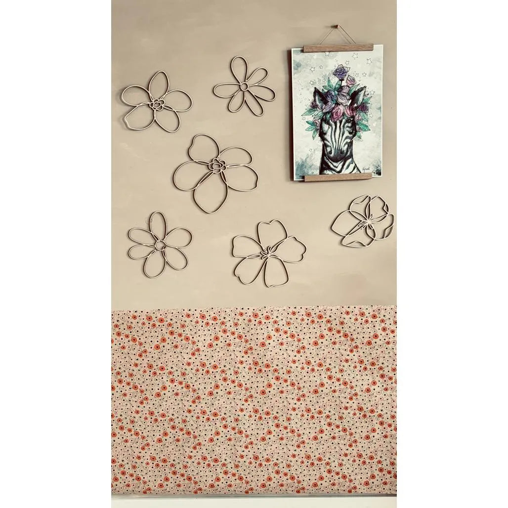 Set of 6 Wooden Flowers - One Line Style Wall Decoration Version 1 - Wall Mounted - Cut It Now