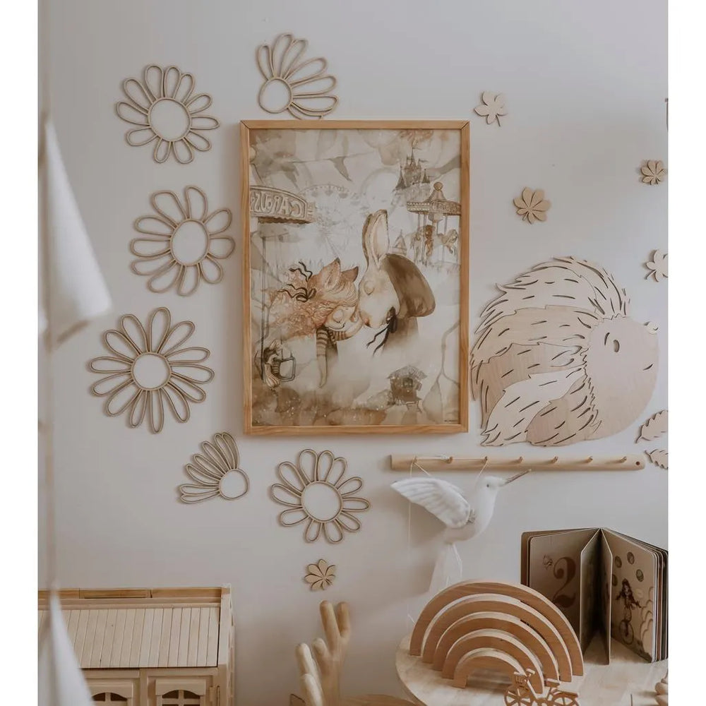 Set of 6 Wooden Daisy Flowers - One Line Style Wall Decoration Version 2 - Wall Mounted - Cut It Now