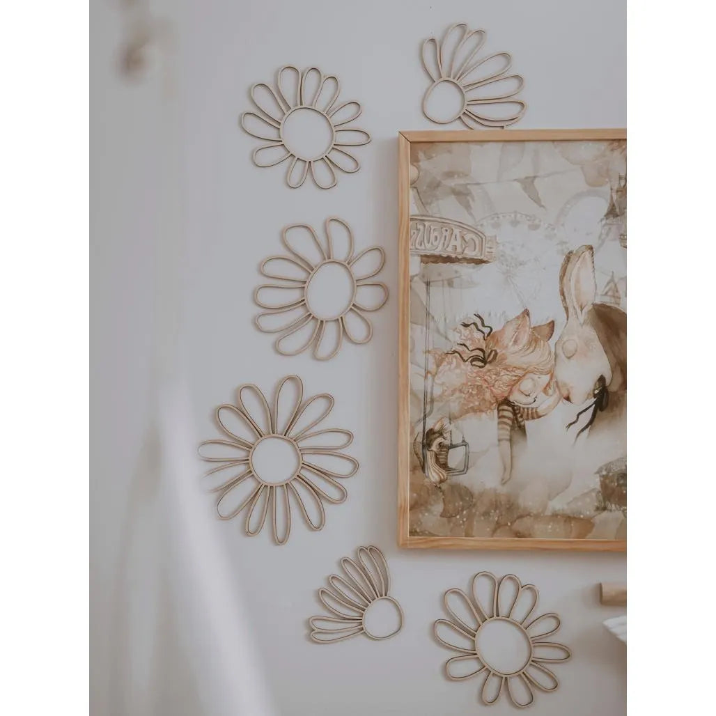 Set of 6 Wooden Daisy Flowers - One Line Style Wall Decoration Version 2 - Wall Mounted - Cut It Now