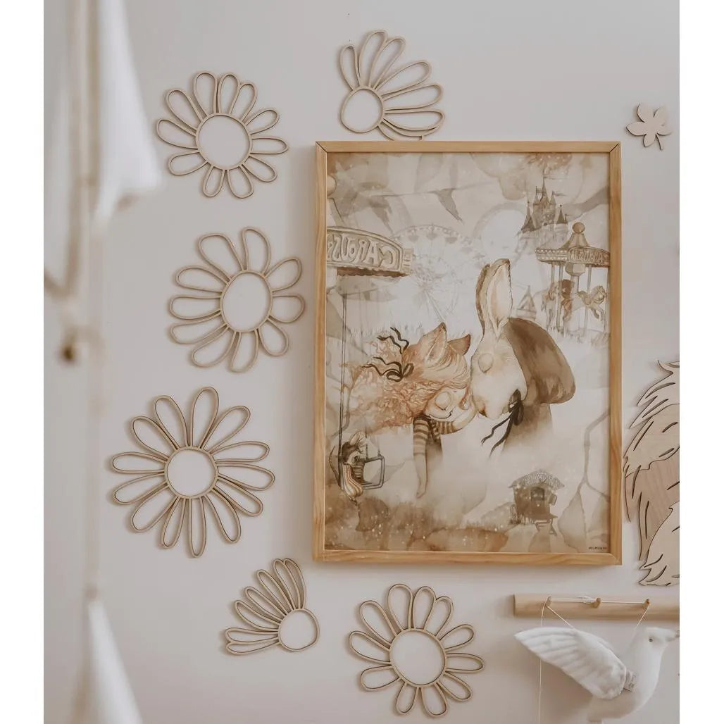 Set of 6 Wooden Daisy Flowers - One Line Style Wall Decoration Version 2 - Wall Mounted - Cut It Now