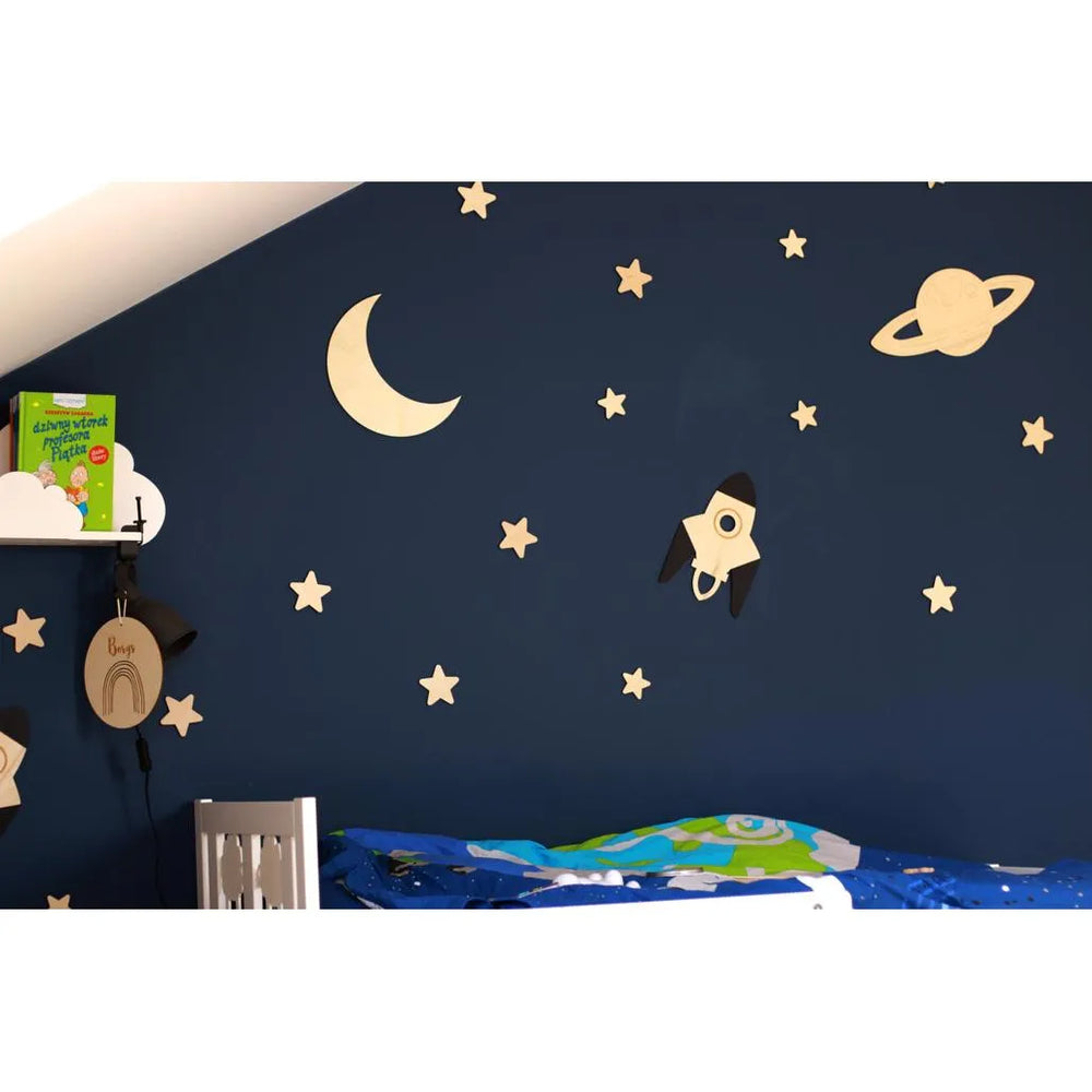 Space - Wooden Wall Decoration - Moon + Saturn + Rocket + 10 Stars - Wall - Cut It Now