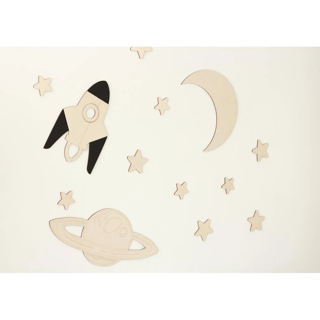 Space - Wooden Wall Decoration - Moon + Saturn + Rocket + 10 Stars - Wall - Cut It Now