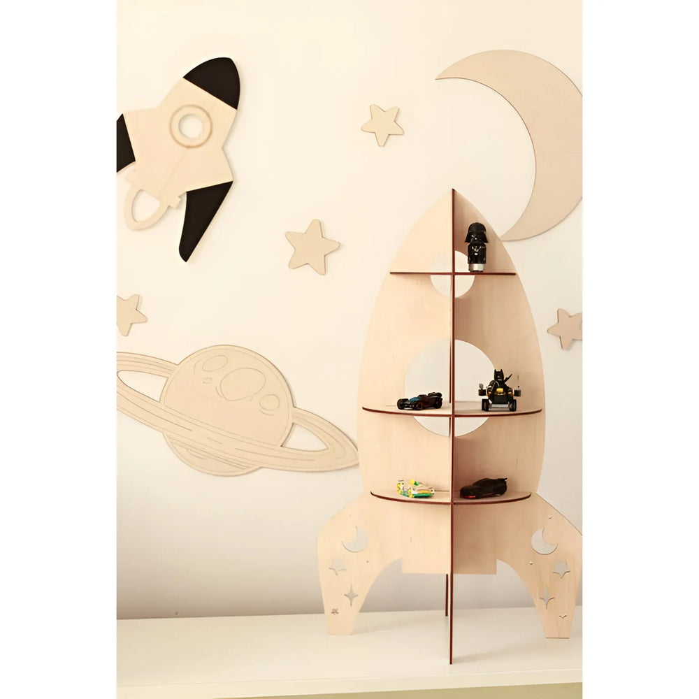Space - Wooden Wall Decoration - Moon + Saturn + Rocket + 10 Stars - Wall - Cut It Now