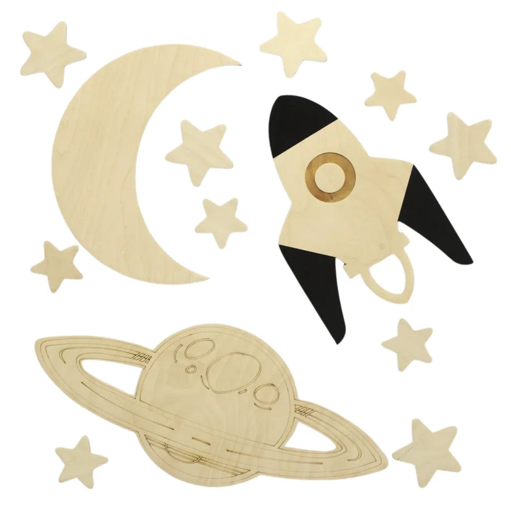 Space - Wooden Wall Decoration - Moon + Saturn + Rocket + 10 Stars - Wall - Cut It Now