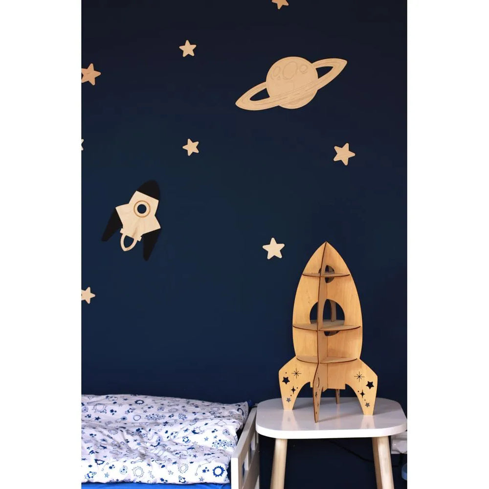 Space - Wooden Wall Decoration - Moon + Saturn + Rocket + 10 Stars - Wall - Cut It Now