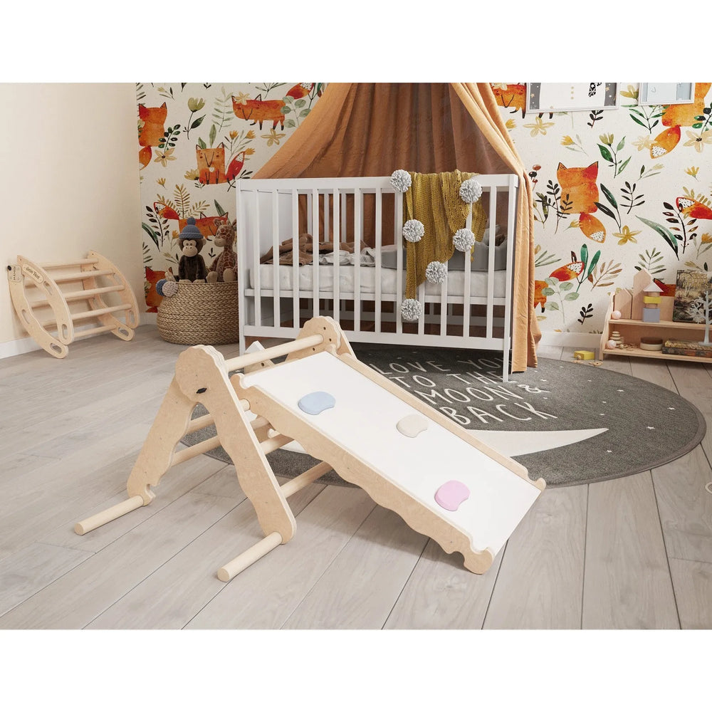 Triángulo de escalada interior con tobogán para niños, estructura de escalada infantil, gimnasio de madera para exteriores